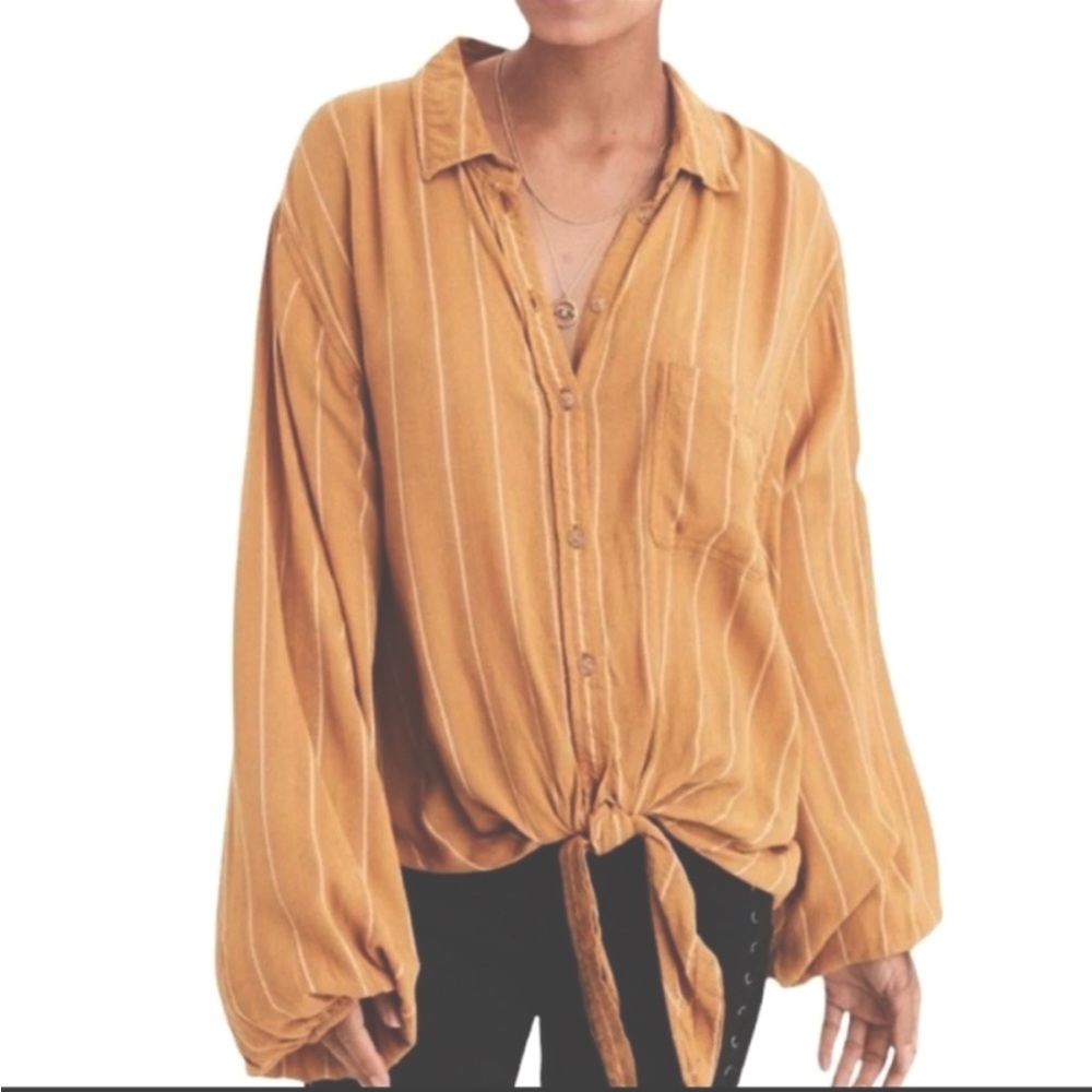 NWT American Eagle Striped Tie Front Oversized Shirt Button Front Yellow Sz M